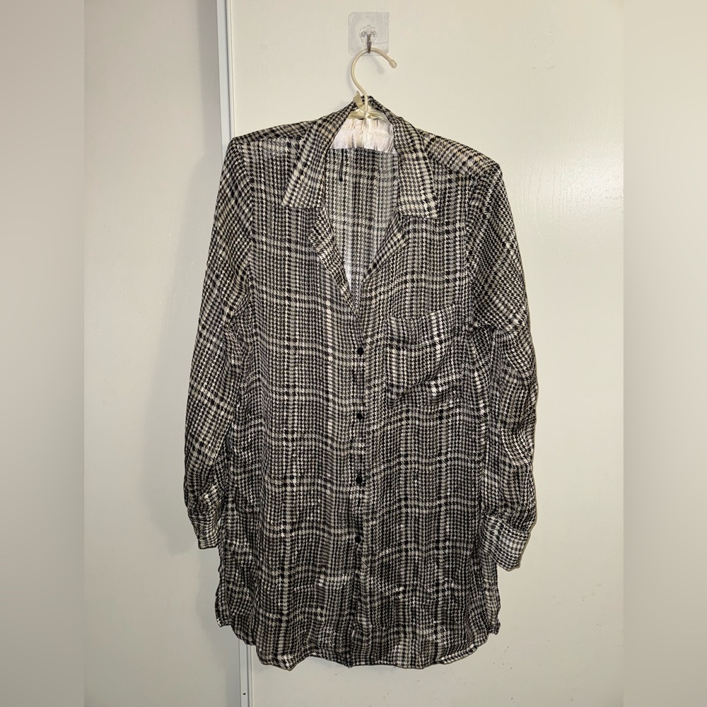 Zara Monochrome Checkered Button-Down Shirt lightweight